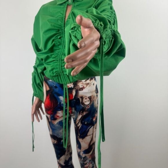 Women's Love, Highlight Ruched Long Sleeve Green Cropped Collared Shirt Small - Picture 6 of 14